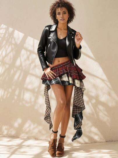 تنورة قصيرة أنيقة ذات تصميم غير متماثل مع نقشة مربعات متباينة، تنورة رقص جاز جريئة للنساء