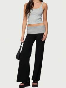 Fold Over Yoga Pants For Women Low Rise Wide Leg Flare Yoga Lounge Pants Straight Sweatpants Y2k Solid Color Stretchy Loose Gym Lounge Leggings - 黑色 - 查看 5