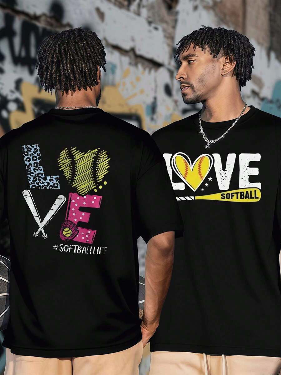 Softball Life Graphic Tee , Men's Double-Sided Printed Fashionable Casual Crew Neck 220gsm Pure Cotton T-Shirt(1 PC) - Black - View 1