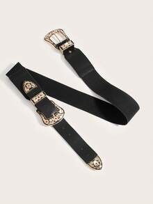 1 件女士西部牛仔风格弹性双排扣腰带，适合日常穿着 - 黑色 - 查看 4