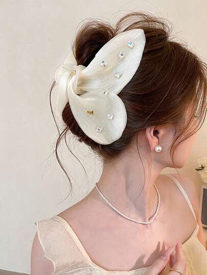 1件花卉印花蝴蝶结波西米亚风优雅涤纶网纱薄雪纺水钻字母发爪夹，适合日常佩戴、度假、派对，四季皆宜，秋冬季发夹发饰，女士花朵发夹夏季