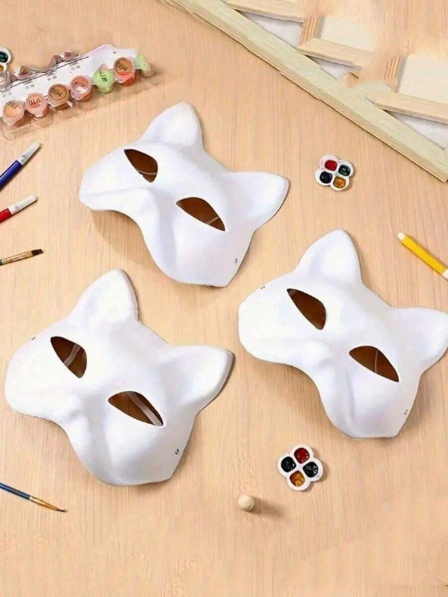 3pcs Cat Mask, DIY Mask, Hand-Painted Fox Face Mask, Animal Costume, Mask Party Mask, Festival Carnival Costume, Party Gift - Multicolor - View 1