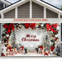 2D Flat, 1pc Holiday Christmas Party Banner - Multi-Size Polyester Backdrop With Snowy Scenery, Decorative Bows And Gift Wraps, Suitable For Home And Room Wall Decor, Christmas Decorations - Multicolor - View 3