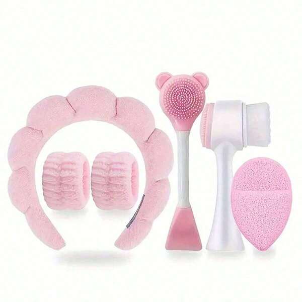 6pcs Facial Cleansing Set - Makeup Remover, Headband, Waterproof Wristband, Facial Cleansing Brush