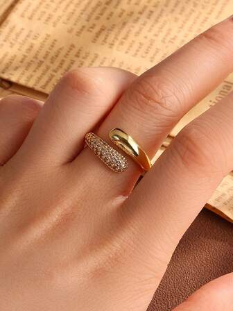 rakol Fashionable Minimalist Cubic Zirconia Micro-Inlaid Copper Plated 18K Gold Rupert's Tear Open Ring