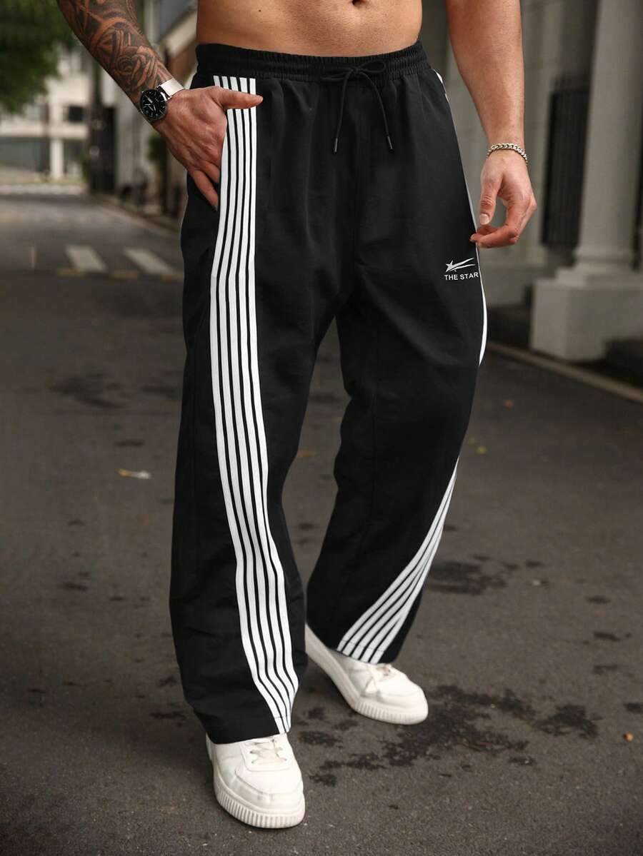OMNIVOLUME Plus Size Men's Straight Leg Loose Fit Striped Casual Sweatpants
