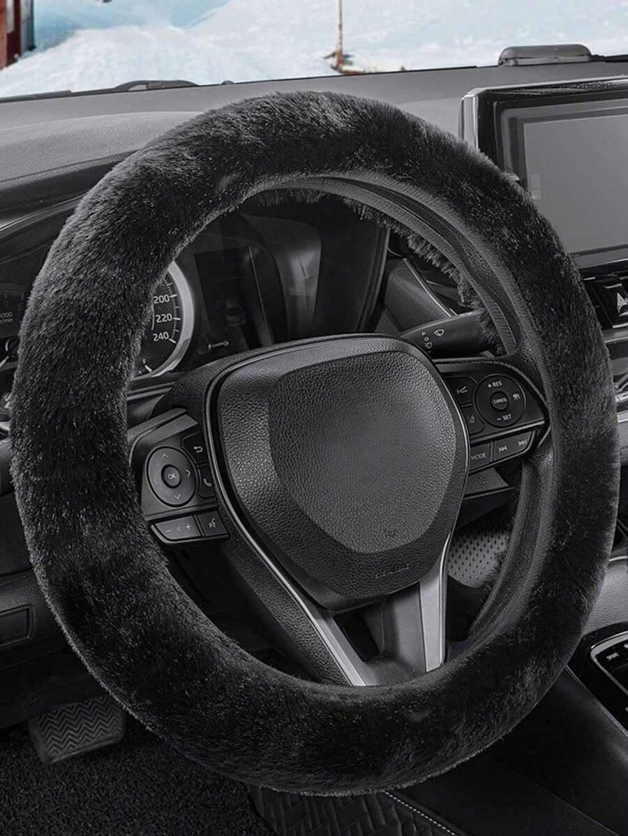 1 件冬季毛绒保暖汽车方向盘套 - 黑色 - 查看 1