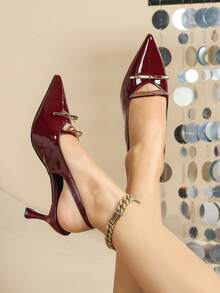 Women's High Heel Closed Toe Bow Decor Fashion Versatile Commuter Shoes,Burgundy Heels - Bordeaux - View 4