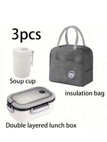 3pcs Plastic PP Bento Box Set With Lid, Compartments, Reusable, Microwave , Includes Cutlery And Insulated Lunch Bag With Zipper, Suitable For Office, School, Home, Outdoor, Travel, Camping