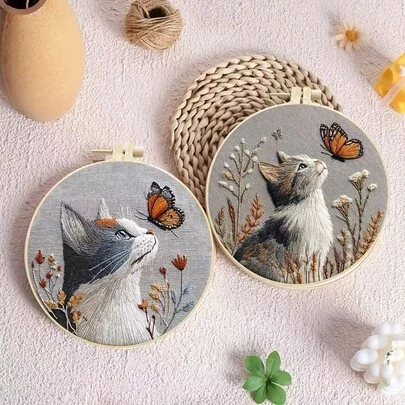 1 件全新手工刺绣 DIY 套件，适合初学者的简易 DIY 猫系列、家居装饰、圣诞节礼物