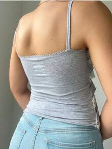 Women Lace Trim Camisole Slim Square Neck Spaghetti Strap Backless Crop Layered Ruffle Tops Summer Streetwear - 灰色 - 查看 2