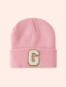 1pc Pink Children's Hat With 26 Letters, Knitted Beanie For Baby Boys And Girls, Warm For Outdoor And Daily Wear - Gold Label-pink Fluorescent Cap - View 100