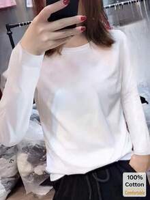 女士长袖T恤，宽松中长款白色上衣，可叠穿，时尚百搭，适合秋冬休闲春季穿着 - 白色 - 查看 2