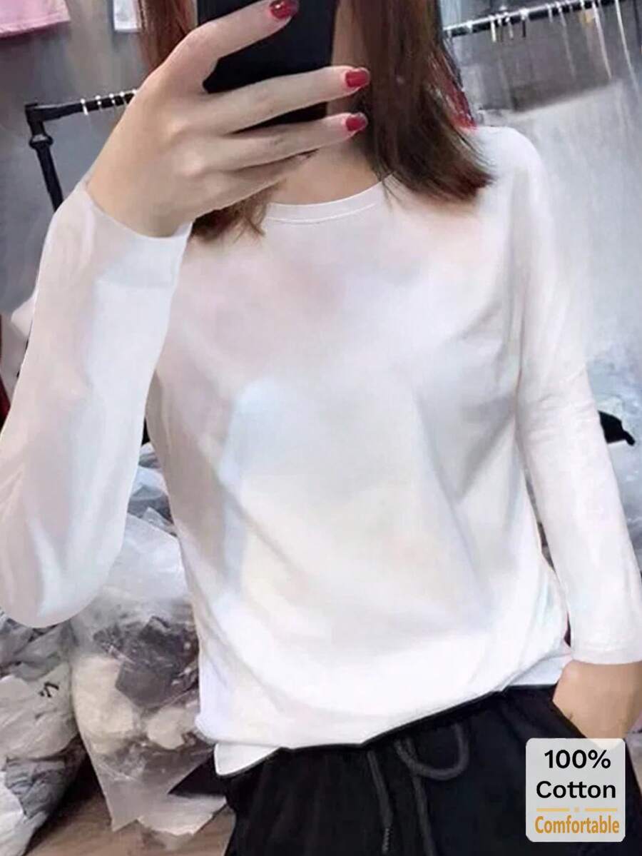 女士长袖T恤，宽松中长款白色上衣，可叠穿，时尚百搭，适合秋冬休闲春季穿着