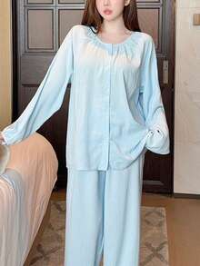 2 Stück Damen Einfarbiger Lässig Pyjama Set, Blau Langarm Knopfleiste Nachtwäsche, Herbstkleidung