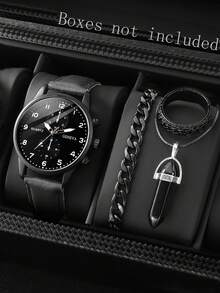 1pc/4pcs Men's Casual Personalized Sports PU Leather Quartz Watch And Bullet Necklace Jewelry Set - Black - View 6