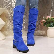 New Autumn And Winter Pleated Low - Heel Western Cowboy Boots For Women, With Belt Buckles, Long Boots, Thick Heels, Slimming Long Tubes, Over - Knee And Thigh - High Boots, Sexy Autumn And Winter Cowboy Boots - 深藍色 - 查看 2