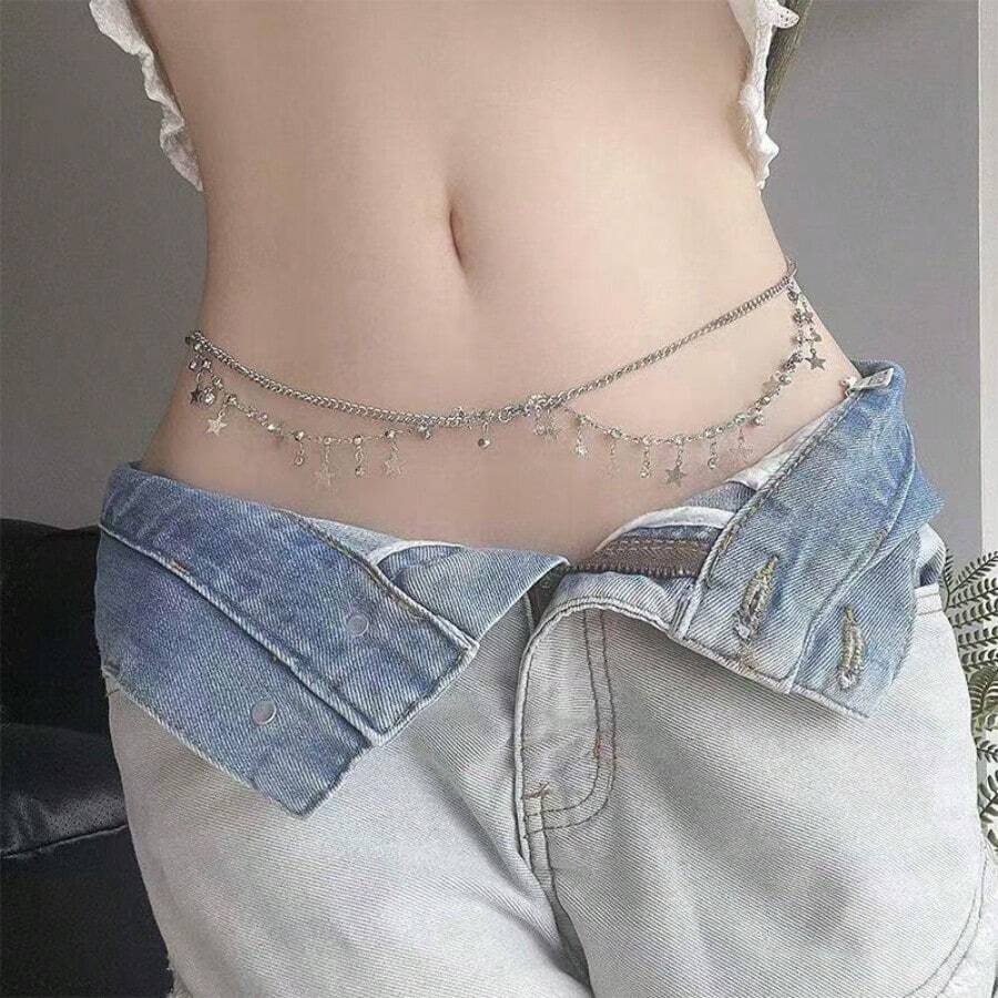 1 Exquisite Pentagram Sequin, Tassel Belt Chain Jewelry, Women's Beach Party Body Chain, Suitable For Beach Parties, Sexy Style, Shiny Style - 銀色 - 查看 1