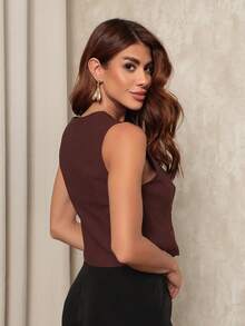 Short Tailored Vest With Fake Pocket - Cà phê nâu - Xem 5