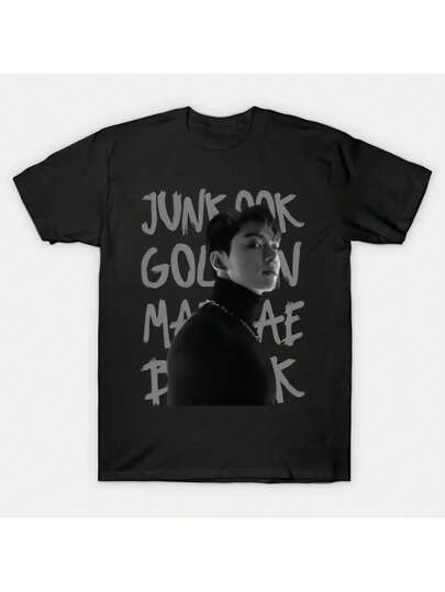 Camiseta gráfica de Jung Kook - Camiseta casual de cuello redondo para miembros, camiseta de manga corta de 220g para todas las estaciones para hombres y mujeres, negra con estampado blanco, ajuste moderno y cómodo, ropa casual| Camiseta gráfica llamativa| Textura Brillante