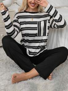 女士春秋季薄条纹印花圆领长袖套头衫和纯色长裤睡衣套装，简约休闲家居服两件套，秋冬服装