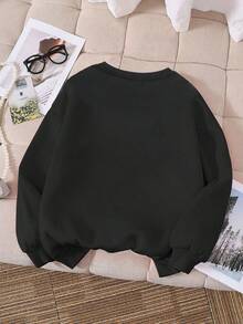 少女两件套黑色圆领卫衣和松紧袖针织裤休闲创意Nvh图案印花服装 - 黑色 - 查看 3