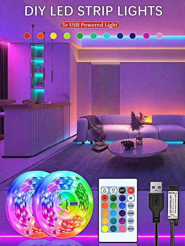 1 Stück USB betriebener RGB LED Lichtstreifen, 24-Tasten Infrarot Fernbedienung, farbwechselnde Hintergrundbeleuchtung, geeignet für TV, Heimdekoration, Schlafzimmer, Weihnachts- & Halloween-Party