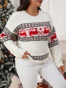 Plus Size Women's Christmas Casual Reindeer & Geometric Animal Pattern Sweater