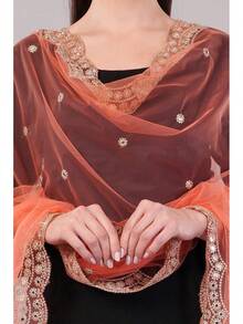 Scalloped Cutwork Net Dupatta, Lightweight And Sheer Shawl, Scarf, Wrap - 淺粉色 - 查看 10