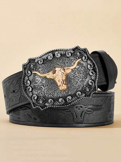 CKiruv Men's Western Cowboy Belt - Cool Handsome Black Faux Leather With Embossed Design And Stylish Alloy Buckle