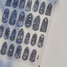 Vintage Stained Glass 5D Embossed Nail Art Stickers - Iridescent Shell Effect, Self-Adhesive DIY Decals For Nails, Journals & Phone Decor, Geometric & Floral Patterns, Shimmering Pastel Colors, Nail Stickers - Nhiều màu - Xem 4