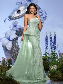 Elegant Sweetheart Pink Beaded One Shoulder Back Tie Women Gown Dress For Dinner Party, Party Night, Cocktail Party (Heavily Embellished) - Mint Green - View 7