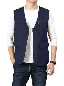 Men's Casual Outdoor Cotton Vest Lightweight Breathable Multi-Pocket Fishing Travel Vests OutwearChristmas IQWV - 04-海軍藍 - 查看 2