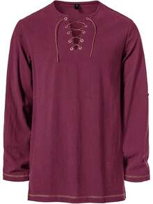 Men's Pure Cotton Vintage Lace Up Shirts For Pirate Renaissance Viking Medieval Costume Without Belt - 酒紅色 - 查看 4