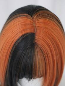 18 英寸时尚齐肩假发，橙色黑色挑染假发，带刘海深色发根，蓬松全机高密度合成纤维分层假发，适合女孩日常、街头服饰、音乐节派对摄影假发，非常适合开学季、万圣节角色扮演动漫或服装使用 - 彩色 - 查看 7
