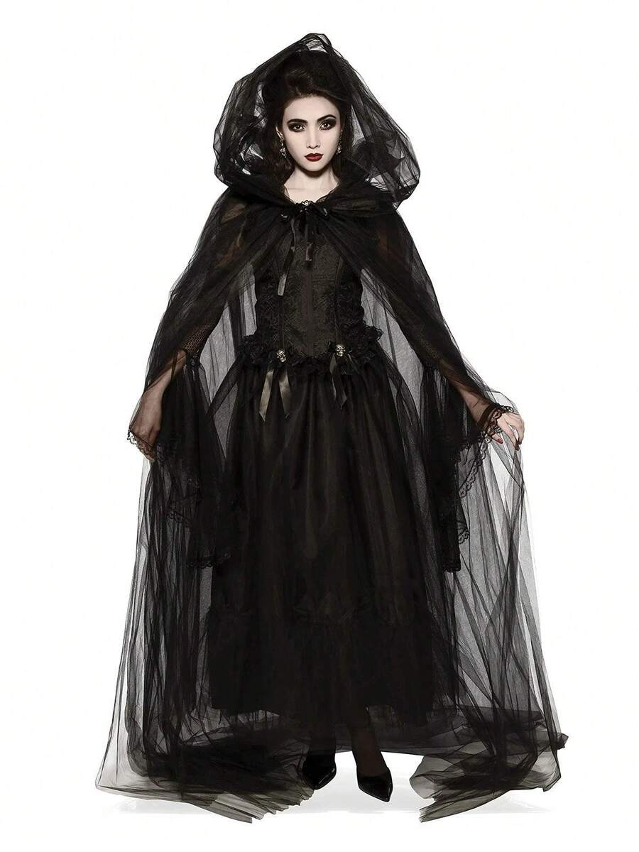 Skeleton-Style Black Hooded Tulle Cloak - Full-Length Transparent Cloak For Adults, Featuring An Oversized Hood, Perfect For Halloween Ghost Role-Playing Costumes, Medieval Ghost Net Robe, Vampire Bride Transparent Cloak, And Halloween Attire - Multicolor - View 1