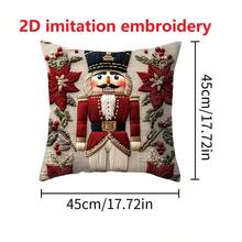 1 pieza Funda decorativa de almohada cuadrada con estilo de bordado imitación de patrones navideños, material de fibra de poliéster suave y cómodo, con bordados de cascanueces, árbol de navidad con flor de pascua, campana y oso de peluche y otros patrones, funda de almohada suave para decoraciones navideñas en el hogar, sala, sofá, silla para fiestas de Navidad