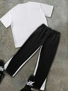 Men's Abstract Star Print Round Neck Short Sleeved Casual T-Shirt And Flame Print Pants 2-Piece Set, Men's Clothing, Versatile For Both Men And Women, T-Shirt And Sweatpants 2-Piece Set - White+Black(白色+黑色) - 查看 2