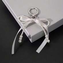 1pc Plaid Bow Faux Pearl Keychain, Backpack Accessory, Unique Beaded Phone Case Charm, Minimalist Bow Design Halloween Accessories Teachers Day Christmas Gift Ideas - Silver Gray - View 4