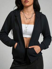 1pc Women's Hooded Zip-Up Cardigan, Minimalist Solid Color Short Style, Casual For Daily Wear, Suitable For Spring/Autumn - Pink - View 3