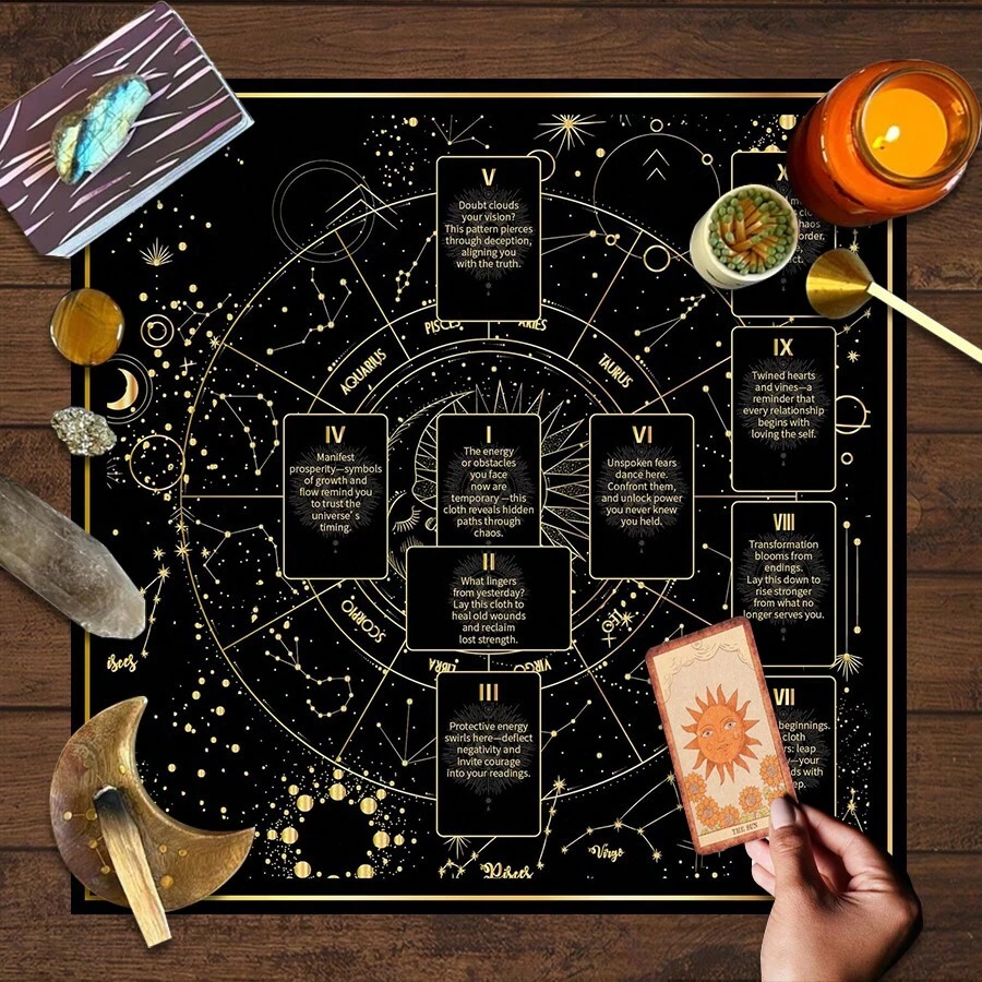 1 件装星空塔罗布，附赠塔罗牌袋 - 神秘黑色背景，饰以金色星星、月相和花卉图案 - 非常适合占卜、牌阵摆放和祭坛装饰，巫术祭坛装饰 | 神秘设计 | 耐用涤纶材质，月相装饰