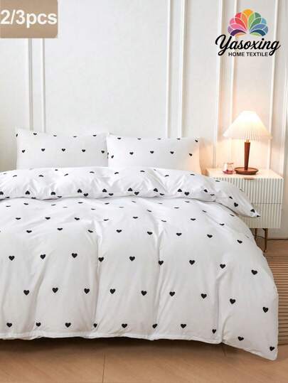 2/3Pcs/Set White Black Heart Shaped Love Pattern Print Duvet Cover Set Without Filler Breathable Supersoft All-Season (1pc*Duvet Cover + 1/2pcs*Pillowcase, No Pillow Core), Soft Two Tone Design Bedding Set For Ideal For Bedroom, Guest Room, Dormitory, 1pc Duvet Cover With 1/2pcs Pillowcase (Without Filler)Machine Washable King Queen Full Twin Size