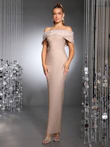 全新优雅珍珠水钻缀饰露肩露背无袖紧身超长绷带连衣裙，女士正式晚礼服，适合正式场合、生日派对、舞会、复活节 - 杏色 - 查看 5