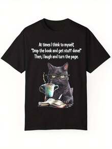T-shirt estiva da uomo in cotone con grafica di gatto e libro, girocollo, manica corta, vestibilità casual, tessuto in maglia leggermente elasticizzato - DERNM