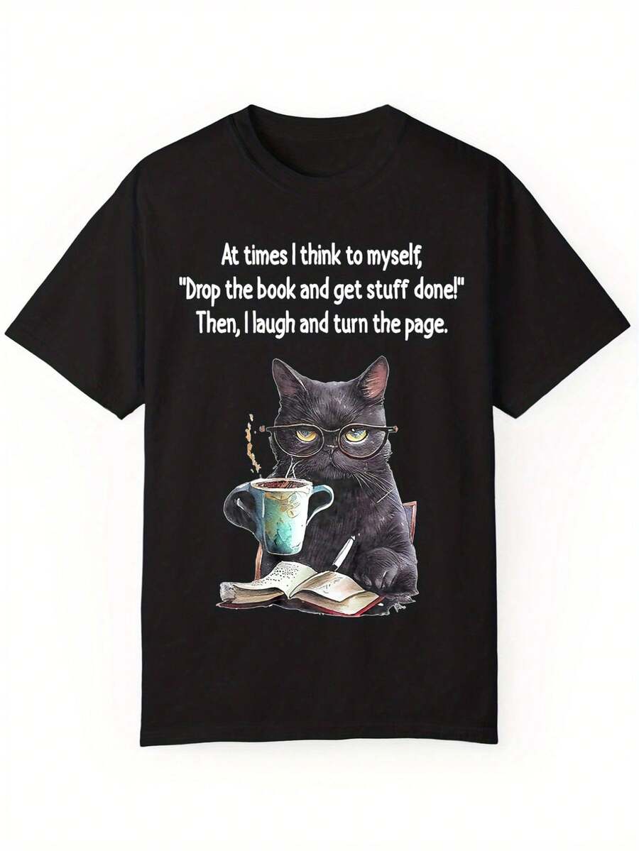 T-shirt estiva da uomo in cotone con grafica di gatto e libro, girocollo, manica corta, vestibilità casual, tessuto in maglia leggermente elasticizzato - DERNM