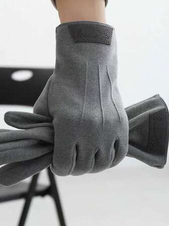 1 双纯色面料男士全指触屏手套，冬季保暖内衬，时尚驾驶手套蓬松