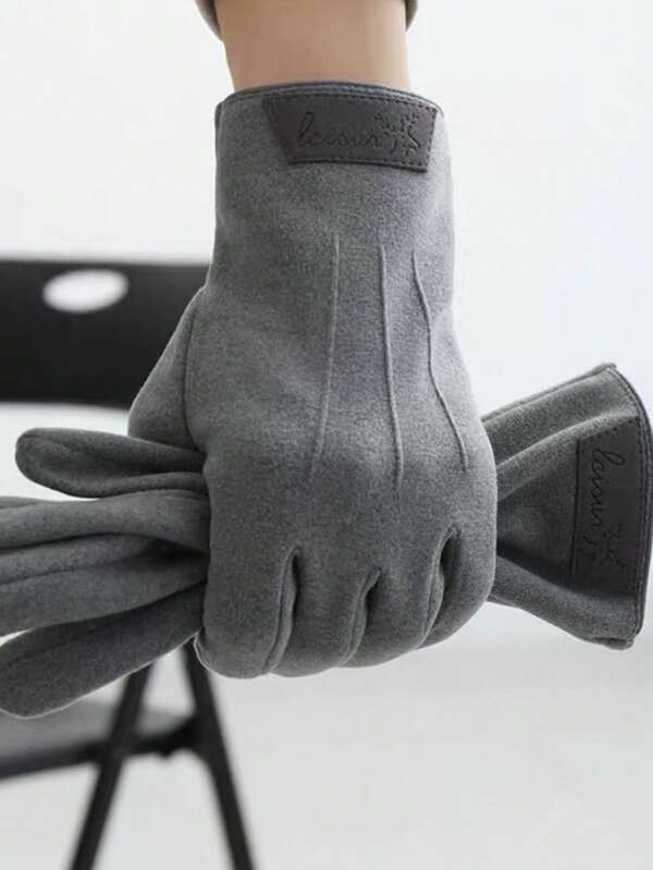 زوج من قفازات الرجال ذات اللون الأحادي كاملة الأصابع للشاشة اللمسية، بطانة دافئة للشتاء، قفازات قيادة موضة فرائية