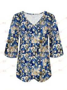 Floral Print V-Neck 3/4 Sleeve T-Shirt, Vacation & Daily Casual Women Apparel - Multicolor - View 2