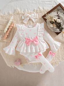 3pcs/Set Baby Girls' Cute Sweet Ruffle Shoulder, Peach Pink 3D Bow & Bow Socks & Headband Set, Autumn/Winter