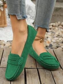 Giày bệt nữ màu xanh lá cây dệt kim bằng da lộn mới, giày bệt giả da lộn thanh lịch, giày lười thoải mái màu trơn phù hợp mọi mùa, mũi tròn, giày công sở cao cấp nhẹ, đa năng cho nữ, giày đi làm/đi chơi, giày công sở, giày lười nữ, giày dự tiệc nữ, giày công sở thường ngày cho nữ - màu xanh lá - Xem 4